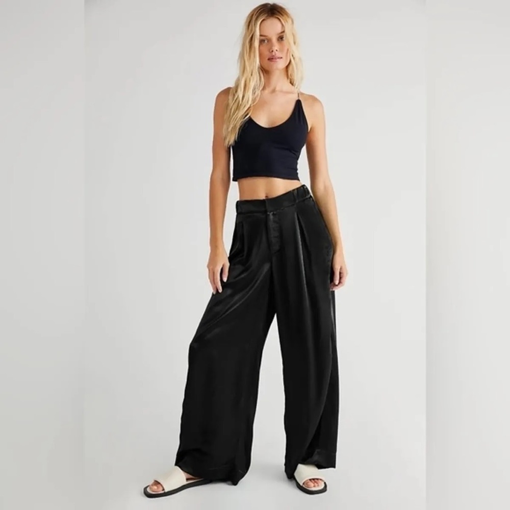 Free people black good days satin wide leg pants